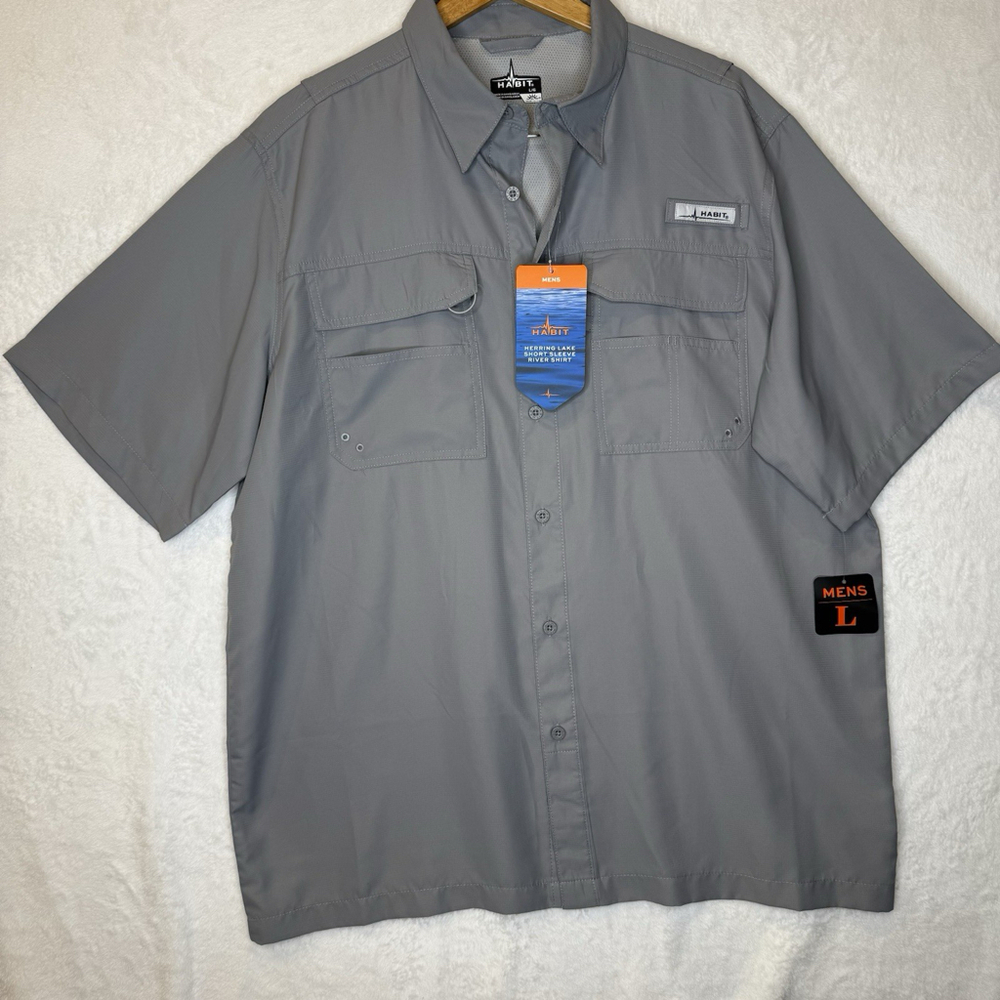 Habit Button Up Shirt Large Adult Gray Short Sleeve Vented Outdoor Active Mens